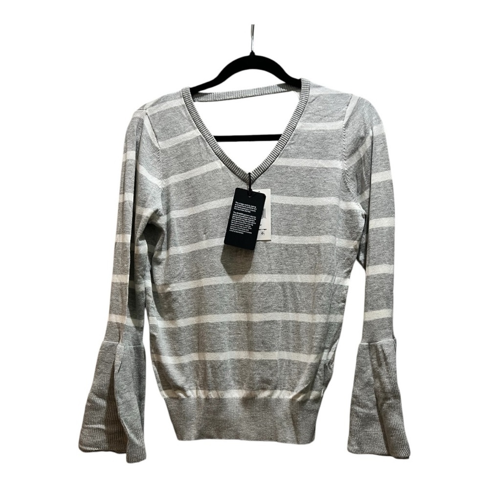 LCHASER- Heather Gray & white striped sweater Medium long bell sleeves NWT